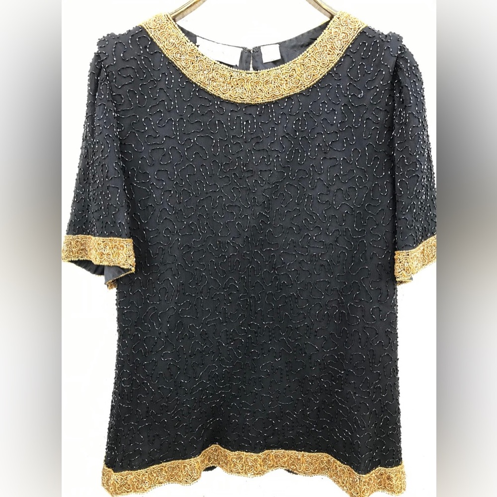 Vintage 80s Laurence Kazar Silk Short Sleeve Jacket Beaded Sequin Black